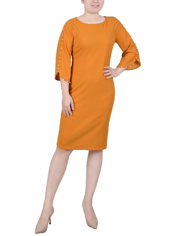 3/4 Pearl-Detail Petal Sleeve Dress