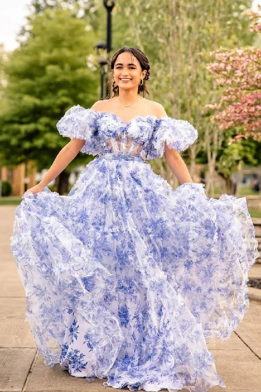 Off the Shoulder Blue Ruffle Tiered Floral Printed Prom Dress