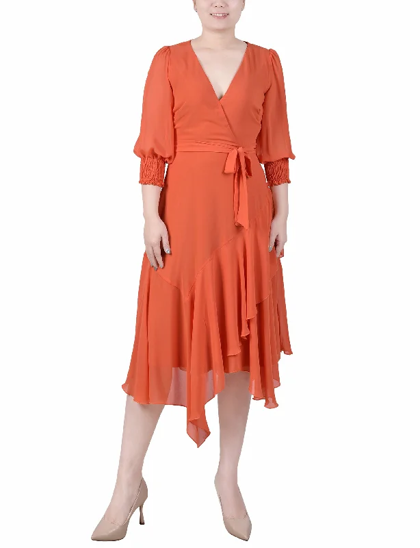 Petite 3/4 Sleeve Belted Chiffon Hankerchief Hem Dress