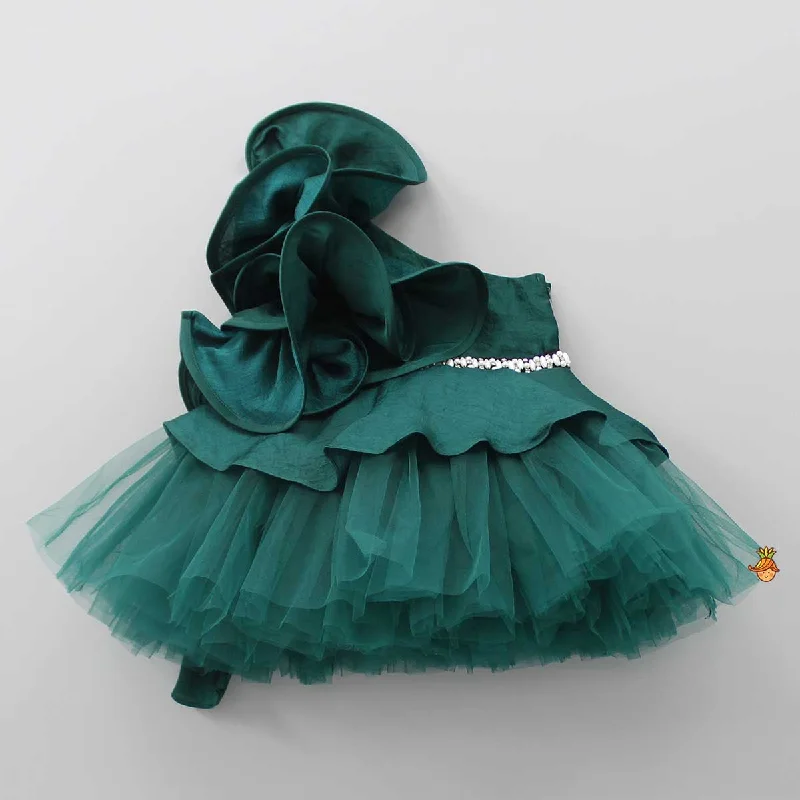 Pre Order: Charming Green Ruffled One Shoulder Dress