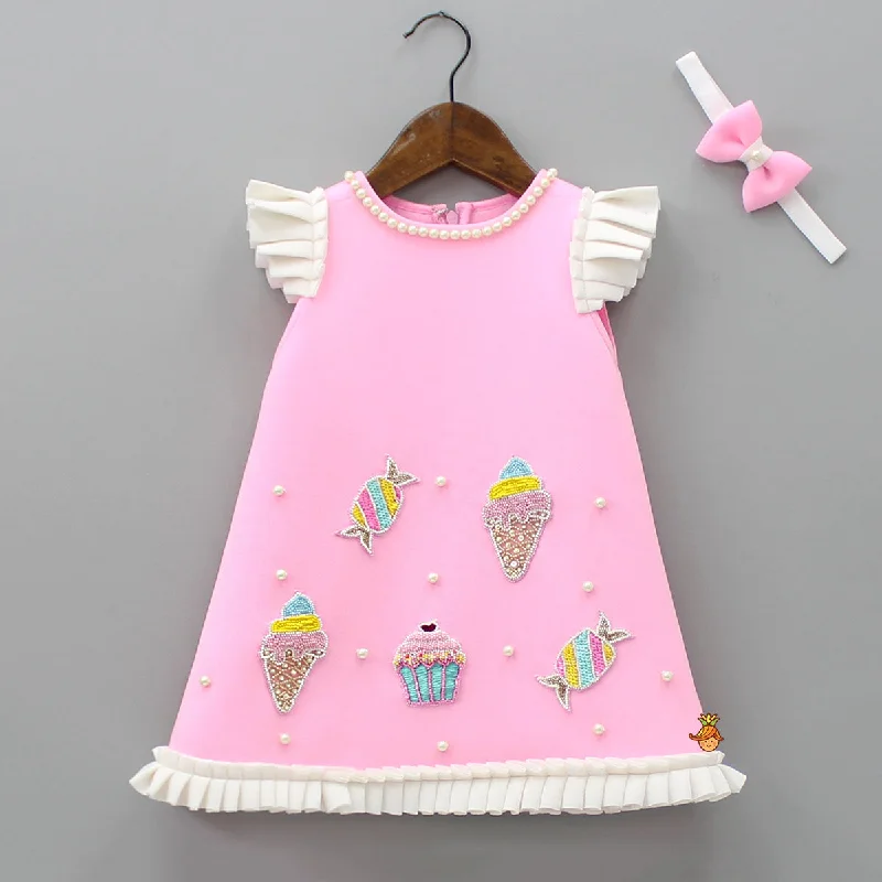 Pre Order: Cute Candy Embroidered Baby Pink Dress With Matching Head Band