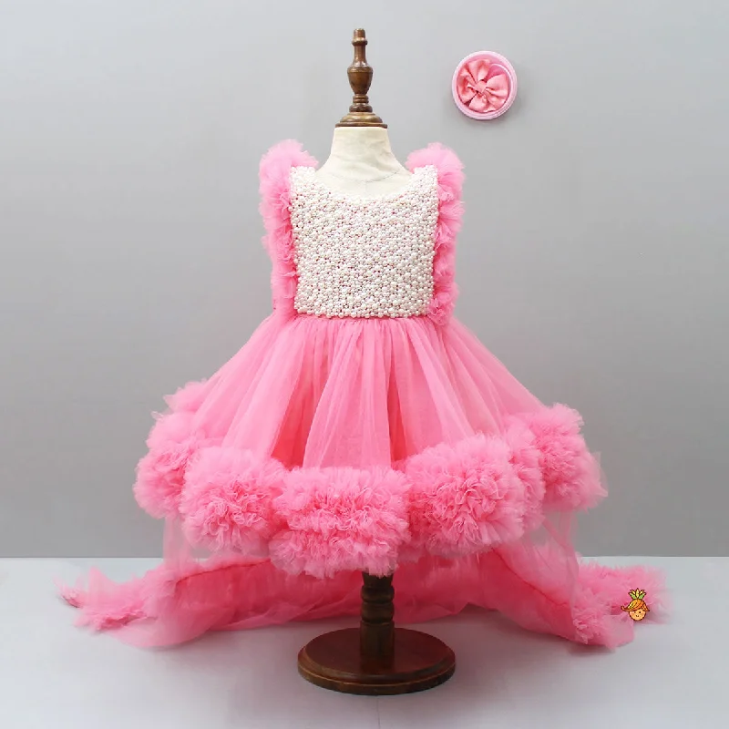 Pre Order: Embroidered Yoke Ruffle Hem Pink Dress With Detachable Trail And Matching Hair Clip