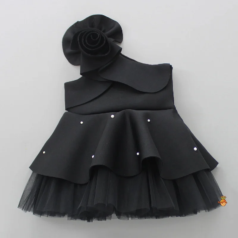 Pre Order: Exquisite Pearls And Rose Embellished Frilly Black Scuba Dress