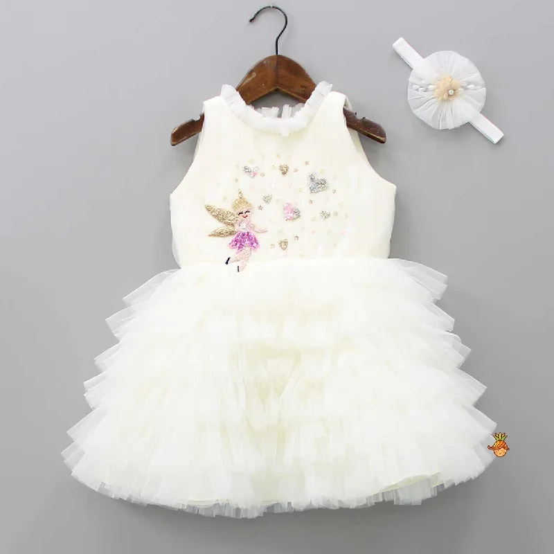 Pre Order: Fairy Embroidered Yoke Off White Multi Layered Dress With Head Band