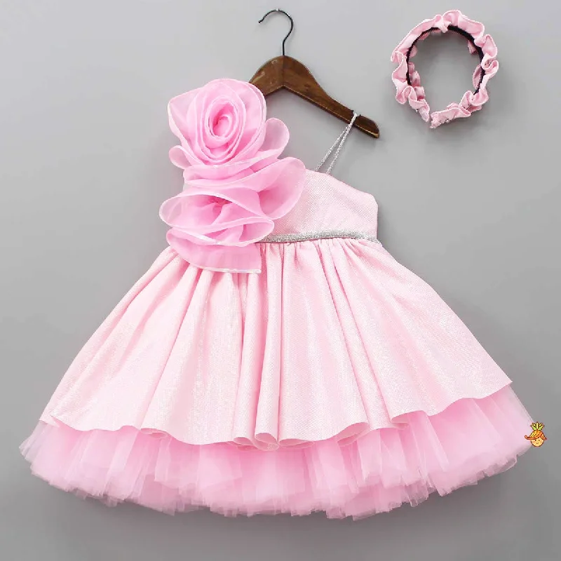 Pre Order: Flower Adorned One Shoulder Dress With Matching Hairband