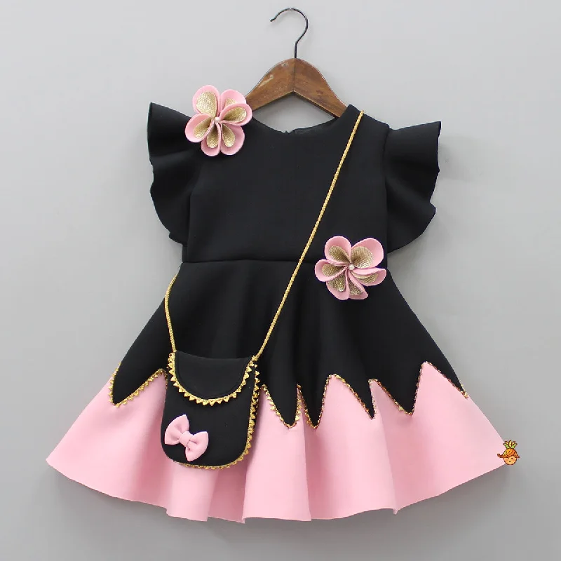 Pre Order: Flower Embellished Black Dress With Sling Bag