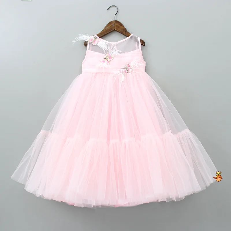 Pre Order: Handmade Butterfly Embroidered Ruffle Pink Net Gown