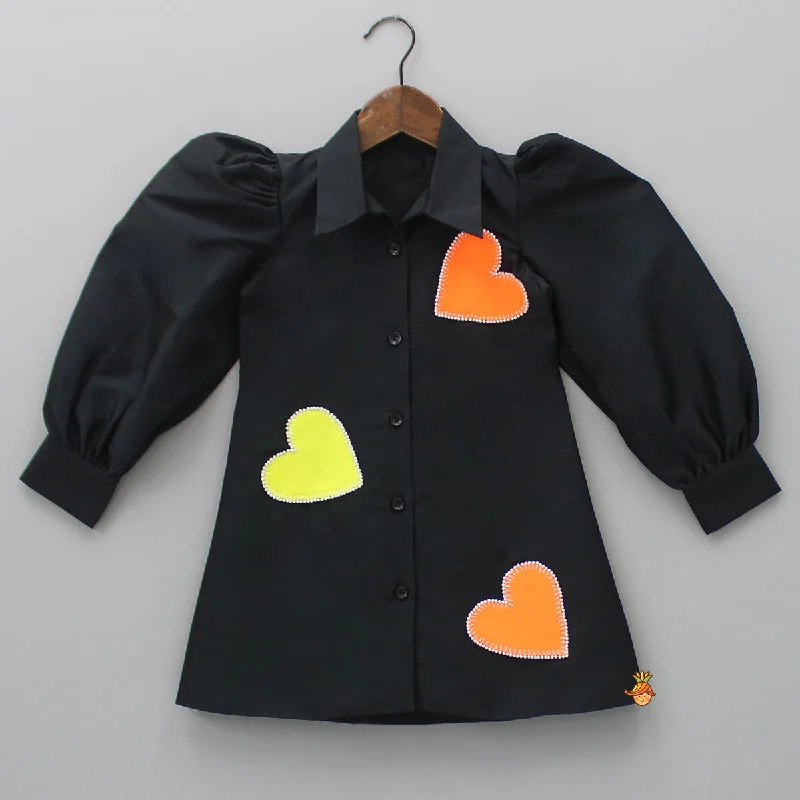 Pre Order: Heart Patch Work Black Collared Neck Dress