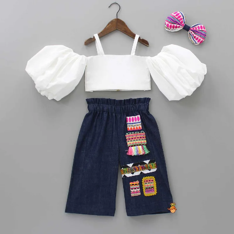 Pre Order: Off-Shoulder Top And Wide Jeans With Head Band