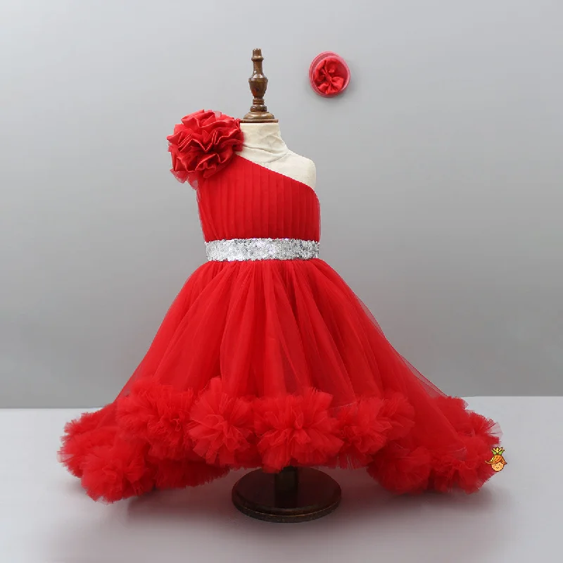 Pre Order: One Shoulder High Low Red Dress With Matching Hairclip And Detachable bow