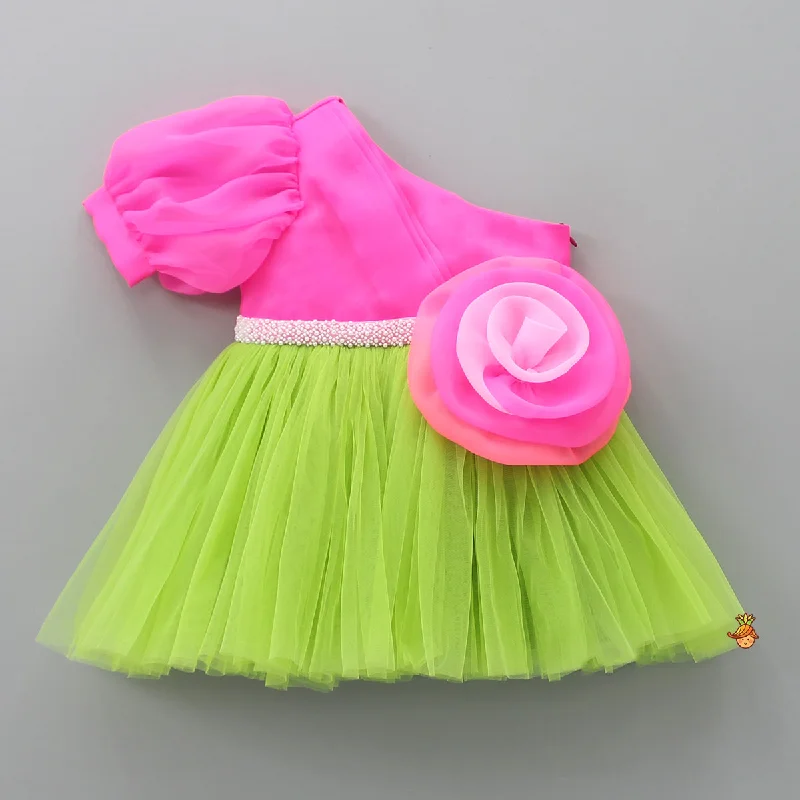 Pre Order: One Shoulder Swirled Flower Enhanced Flared Pink And Green Dress