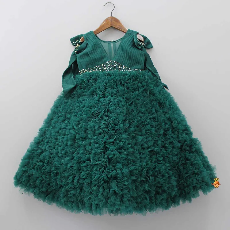 Pre Order: Pleated Yoke Ruffled Green Fancy Gown