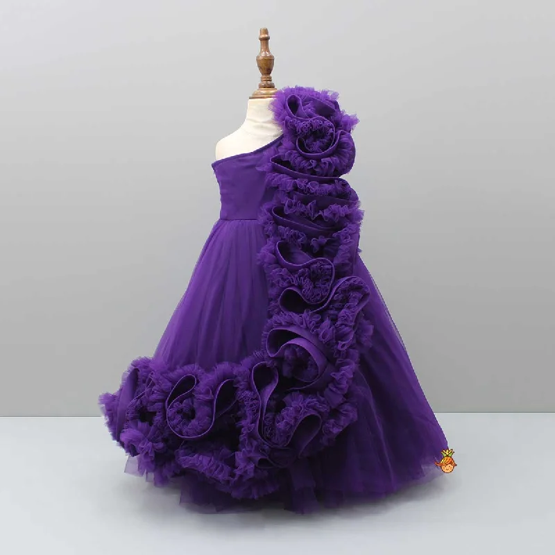 Pre Order: Purple One Shoulder Ruffle Net Gown