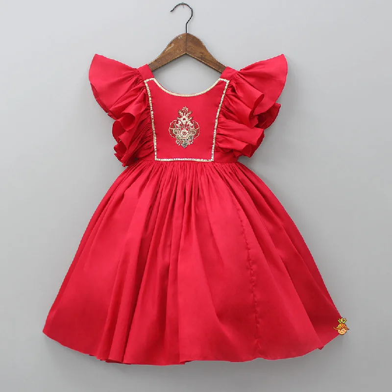 Pre Order: Red Hand Embroidered Frilly Dress