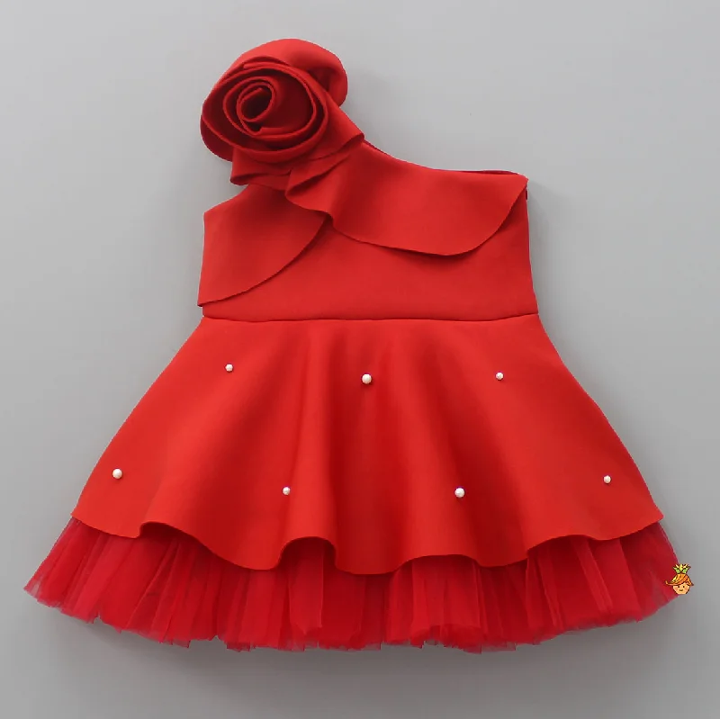 Pre Order: Rose Embellished Frilly Red Scuba Dress