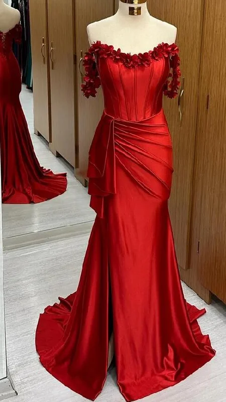 Red Off-the-Shoulder 3D Floral Mermaid Long Prom Dress  PC1296