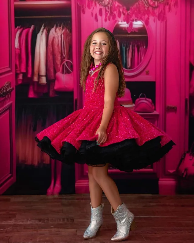 "Retro" Pink/Black Petal  Length Dress (9 year- 10 year)