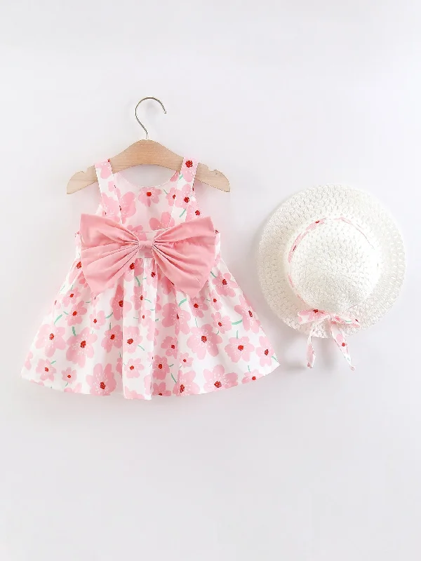 SHEIN Baby Girl Floral Print Big Bow Cami Dress & Hat