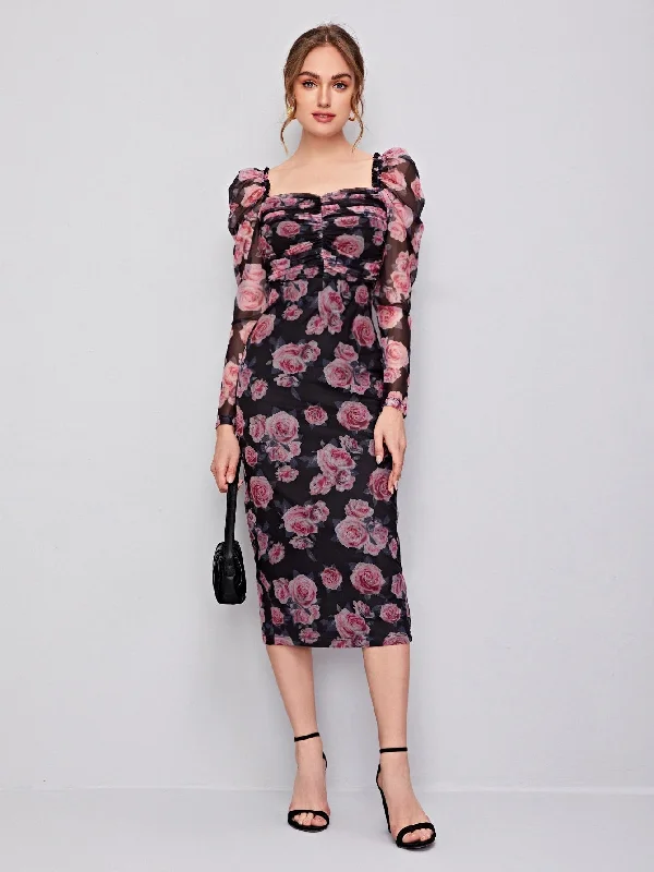 SHEIN Clasi Ruched Detail Gigot Sleeve Floral Mesh Dress