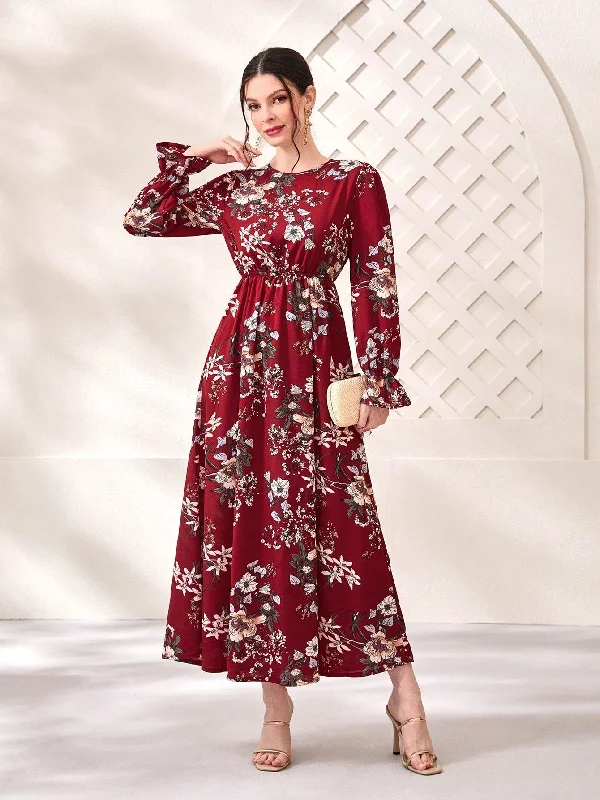 SHEIN Modely Floral Print Flare Sleeve Dress