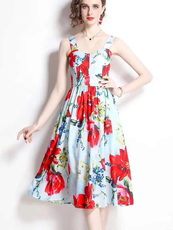 Strap Floral Printed Vintage Style High Waist Beach Boho Dress