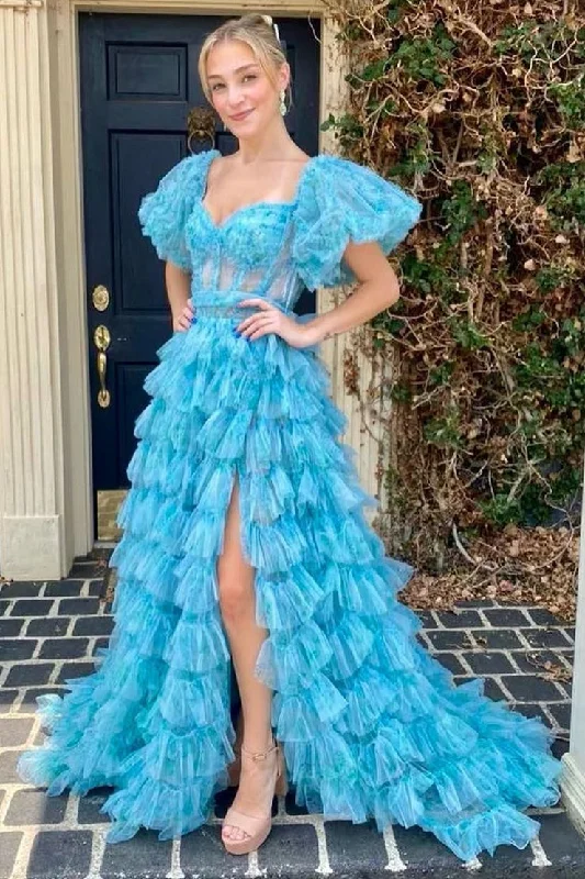 Sweetheart A Line Blue Floral Printed Ruffle Tiered Tulle Long Prom Dress