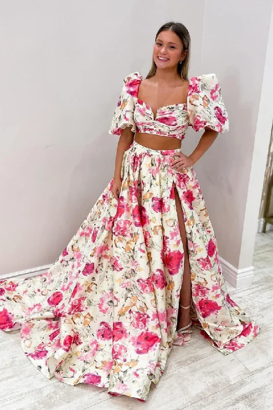 Two Piece Floral Printed Satin Long Prom Dress with Slit