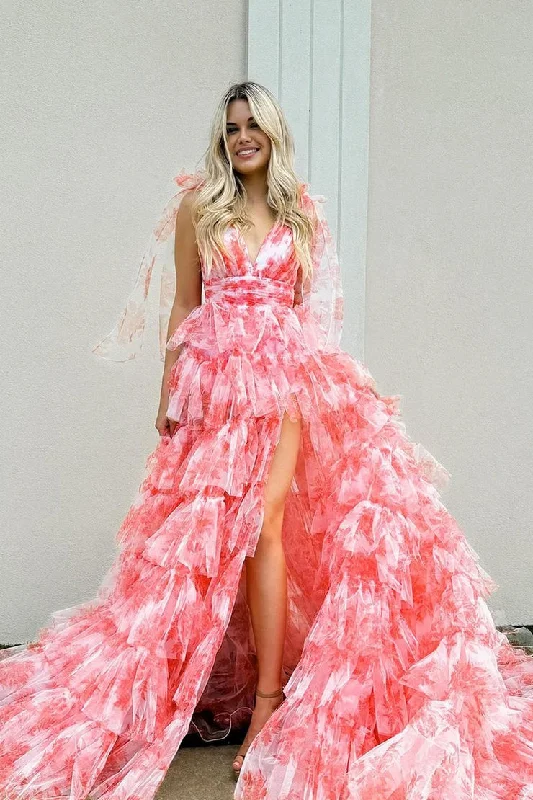 V Neck Ball Gown Floral Printed Tiered Coral Tulle Long Prom Dress with Slit