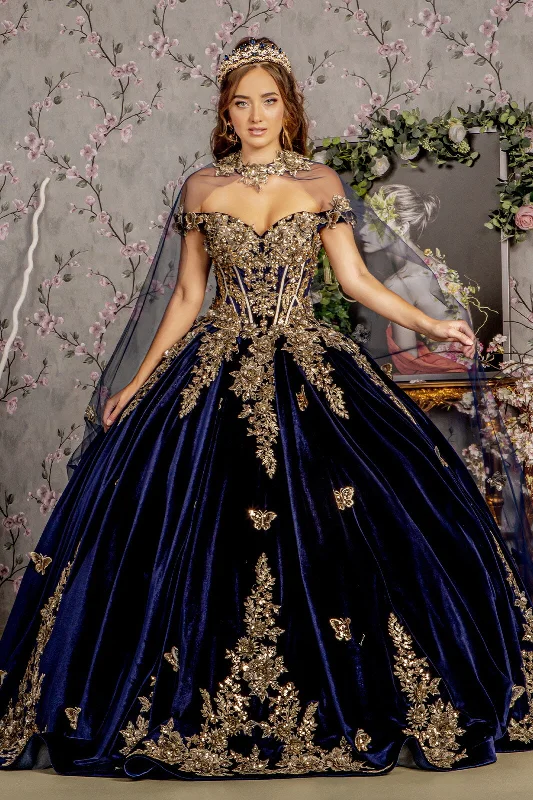 Velvet Off Shoulder Cape Ball Gown by GLS Gloria GL3471