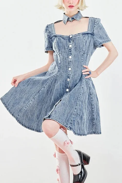 Blue Short Sleeves Single Breasted Ruffled Denim Sweet Lolita OP Dress