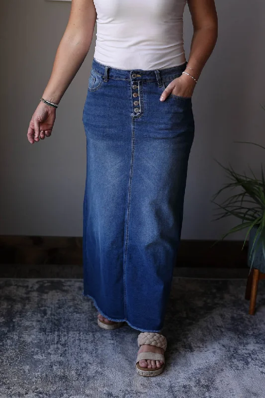 Maxine Button Fly Long Denim Skirt • S-3XL PLUS