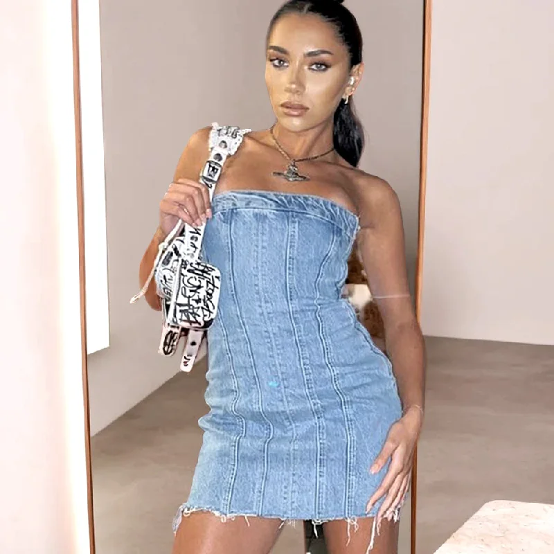 Off Shoulder Back Zip Up Washed Denim Tube Short Dress