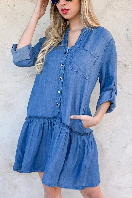 Denim Long Sleeve Button Down Pocket Casual Dress