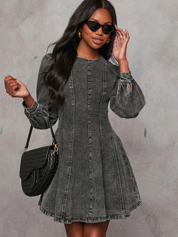 Women's patchwork waist denim long sleeve dress