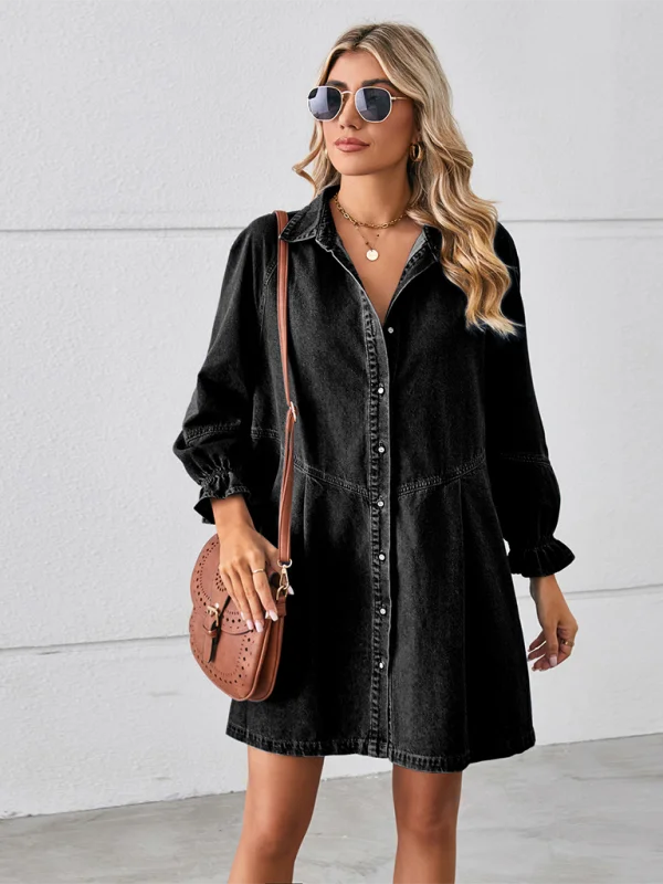 Women's Loose Washed Long Sleeve Spliced Denim Dress