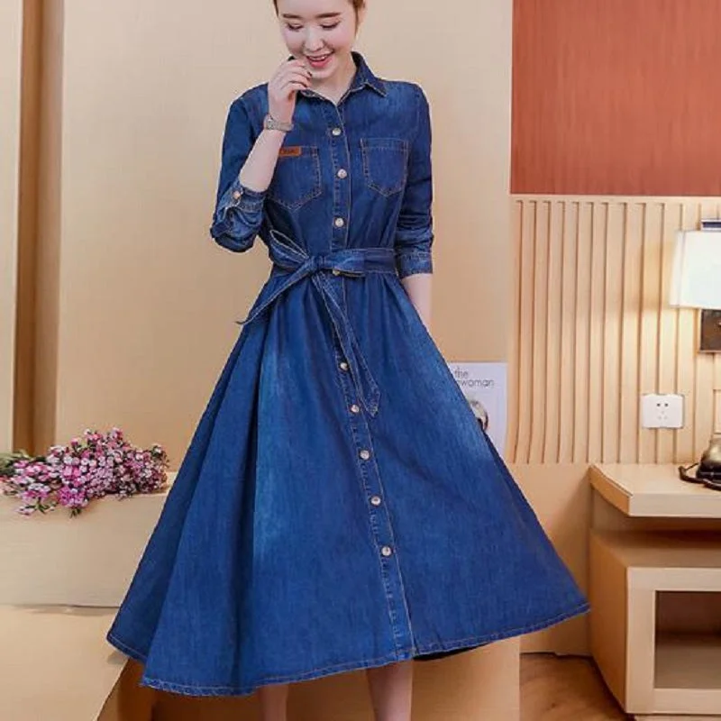 Women's Spring/Autumn Casual Denim Long A-Line Dress