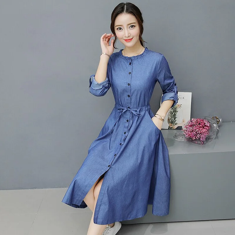 Women's Spring/Autumn Casual Denim O-Neck A-Line Dress