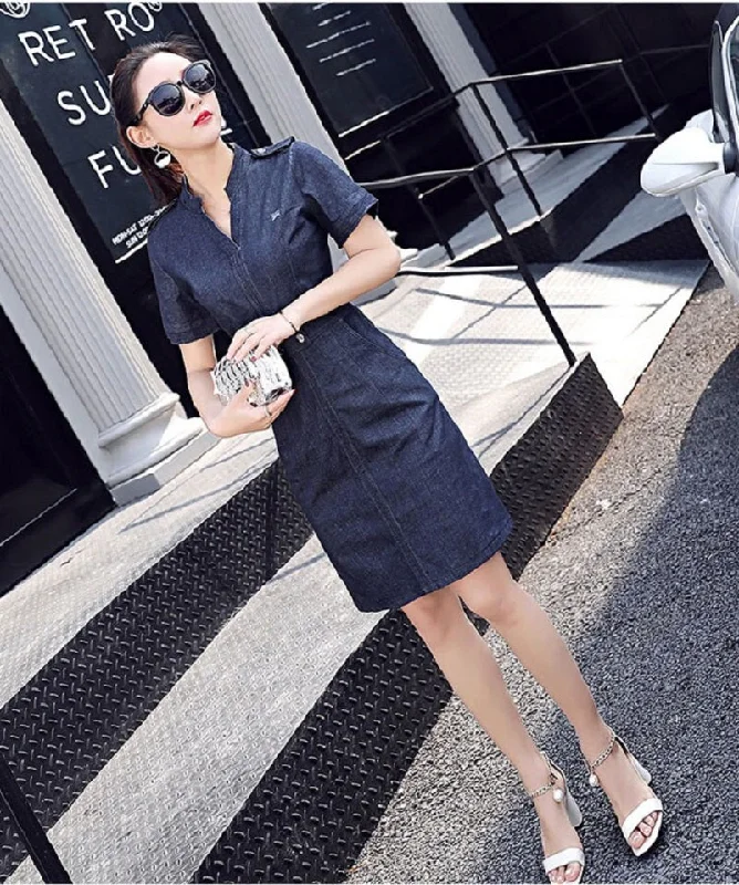 Women's Summer Casual Denim A-Line V-Neck Dress