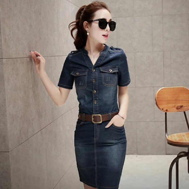 Women's Summer Casual Denim Sheath V-Neck Dress