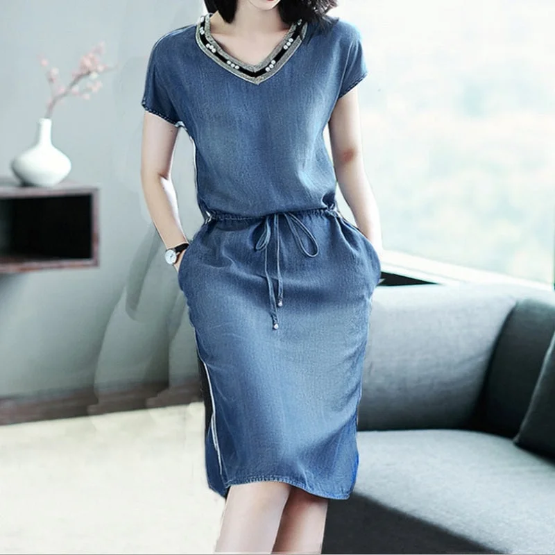 Women's Summer Casual Denim V-Neck Short-Sleeved A-Line Dress