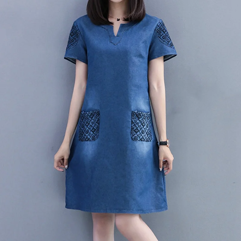 Women's Summer Casual O-Neck Denim Short-Sleeved A-Line Dress