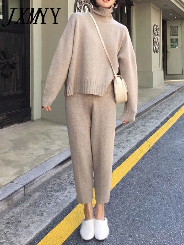 2023 Autumn And Winter Casual Loose Aand Lazy Wind Knitted Suit Women's Pullover Sweater Wide-Leg Pants Two Pieces