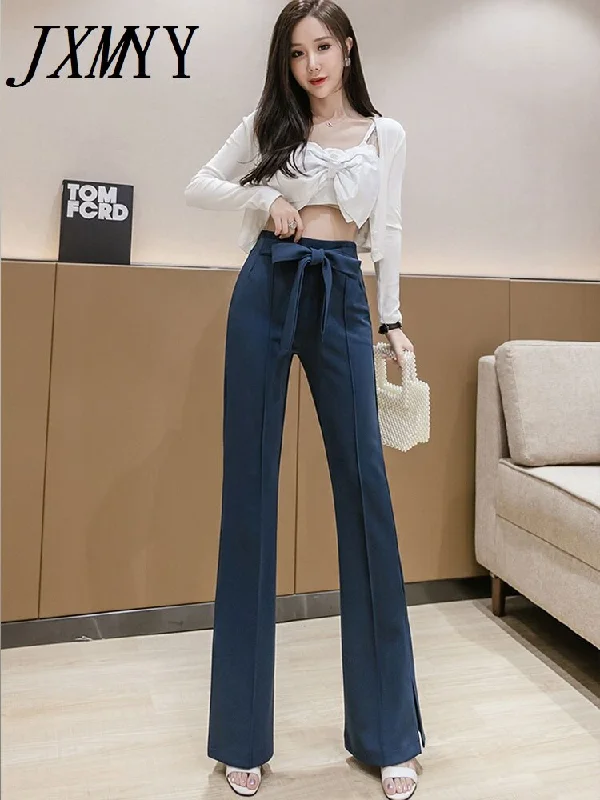 2023 Spring And Autumn Comfortable Products Elastic High Waist Bow Tie Casual Ninth Pants Flared Pants Slit Women's Clothing