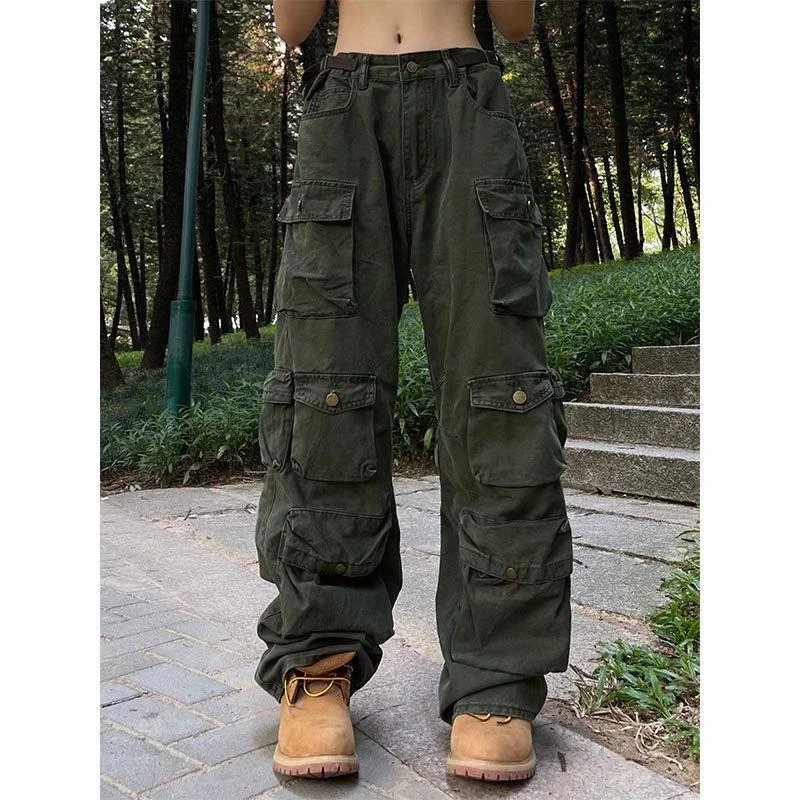 2023 Multi-Pocket Vintage Cargo Pants Woman High Street Casual Solid High Waist Jeans Oversized Army Green Loose Wide Leg Pants