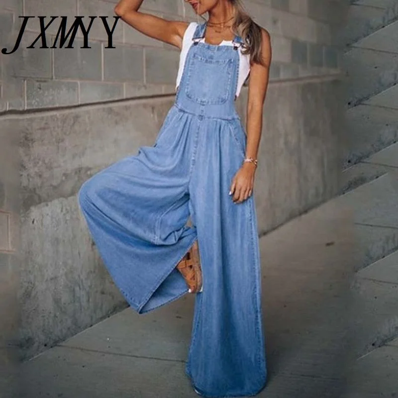 Casual Solid Color Denim Jumpsuits Women Elegant Mid Waist Loose Pocket Romper Lady Spring Summer Wide Leg Pants Cowboy Overalls