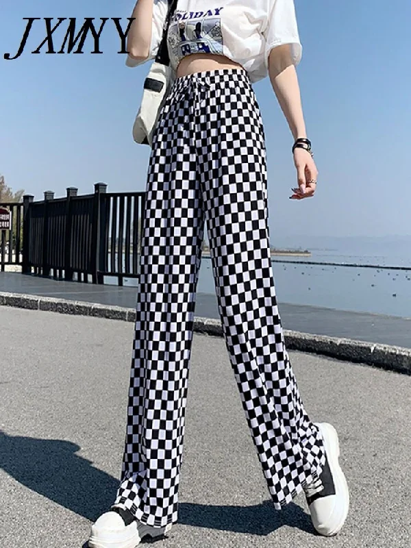 Green Checkerboard Women's 2023 Spring And Summer Slim Casual Straight-Leg Pants Loose Drape High-Waisted Wide-Leg Pants