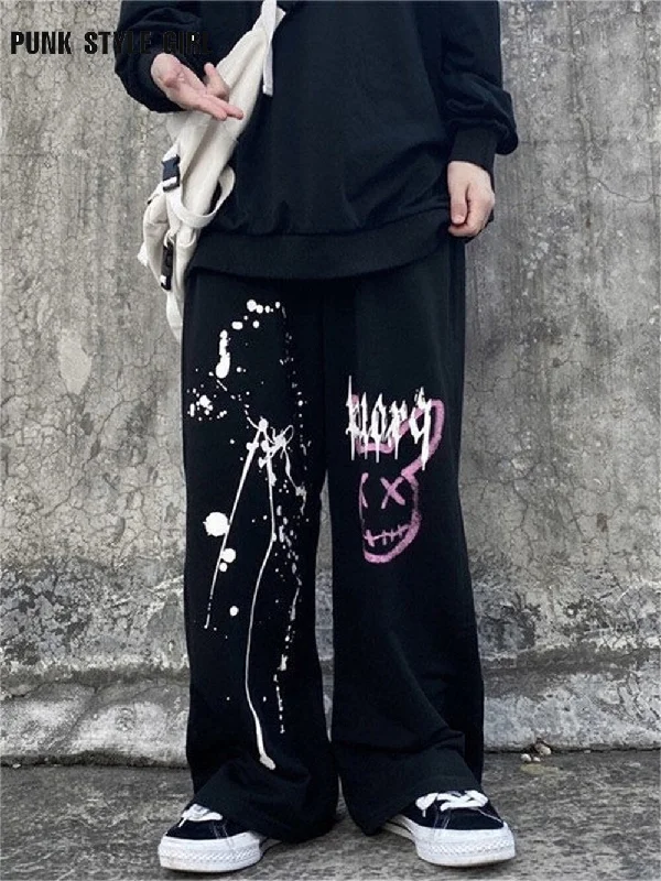 Harajuku Graffiti Print E Girl Wide Leg Y2k Women Goth Gothic Streetwear Trousers High Waist Loose Casual Female Pants