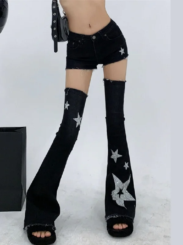 Harajuku Y2k Vintage Casual Two Pieces Jeans Emo Women Sexy High Waist Star Flare Denim Pants Punk Streetwear Female Trousers