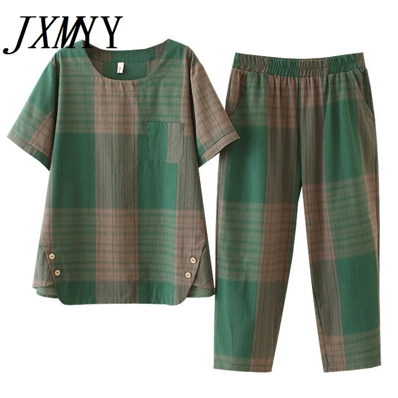 imCharms 2023 Korean Version Of The Summer Large Size Plaid Two-Piece Suit All-Match Casual Pants Loose Top Women