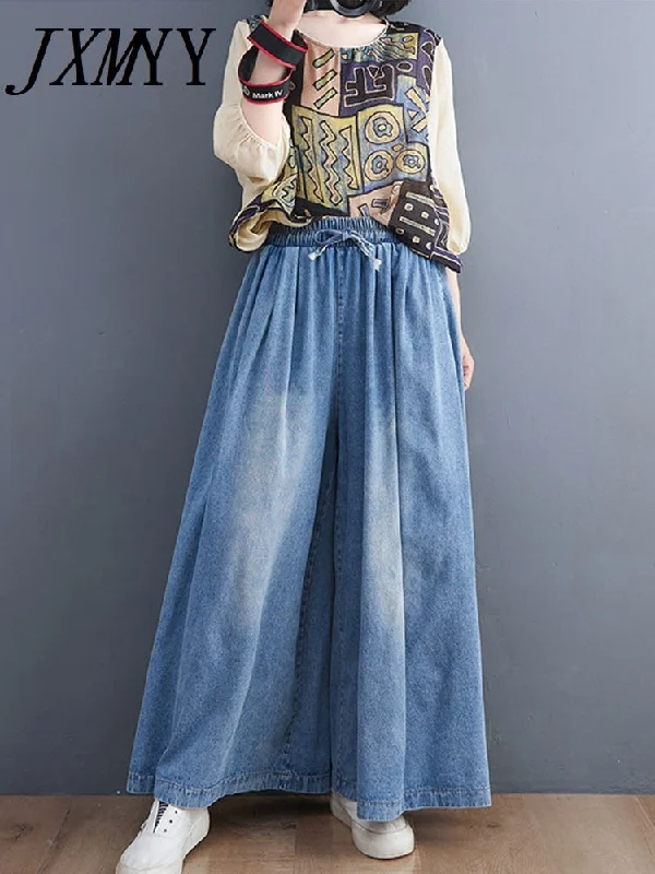 imCharms 2023 Spring And Summer Washed Jeans Wide Leg Pants Retro Casual Simple Loose Large Size Elastic Pants Trendy